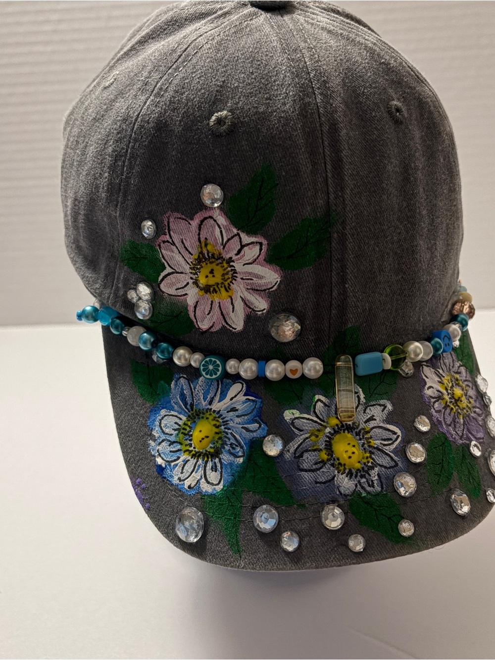 Gray Floral Beaded Women's Baseball Cap